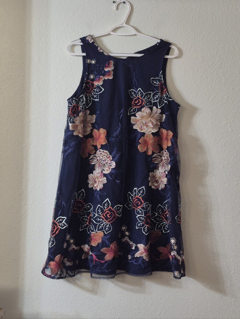 Beige by eci Navy Floral Embroidered Sleeveless Dress